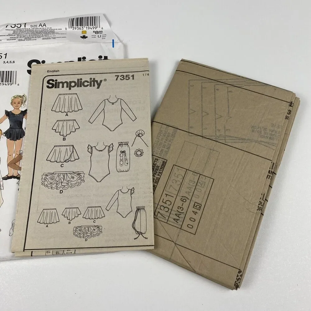 Simplicity Sewing Pattern 7351 Girls Leotard Tutu Circle Skirt Hair Tie Size 3-6
